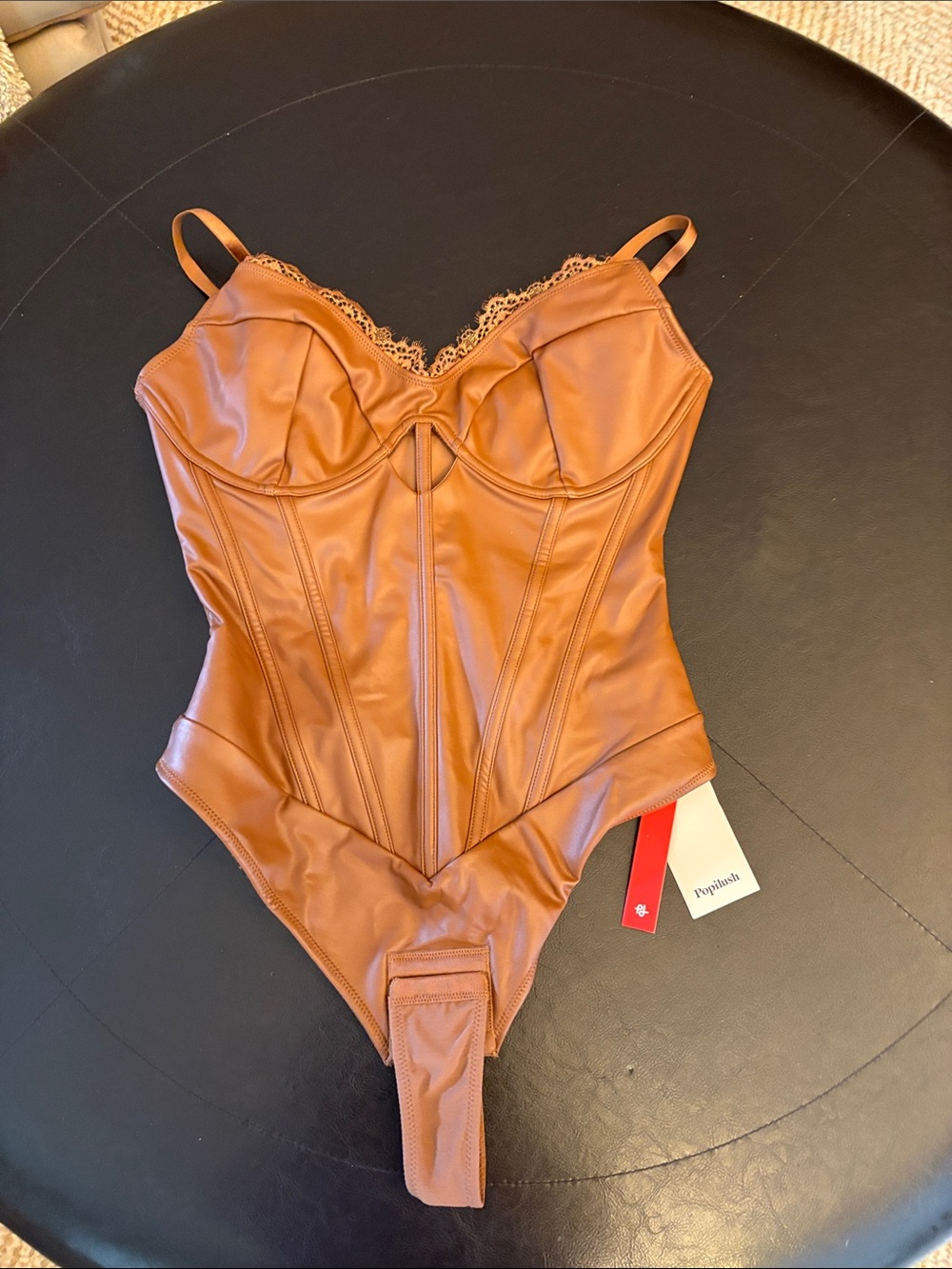Leather-Look Lace Trim Bodysuit in Cognac